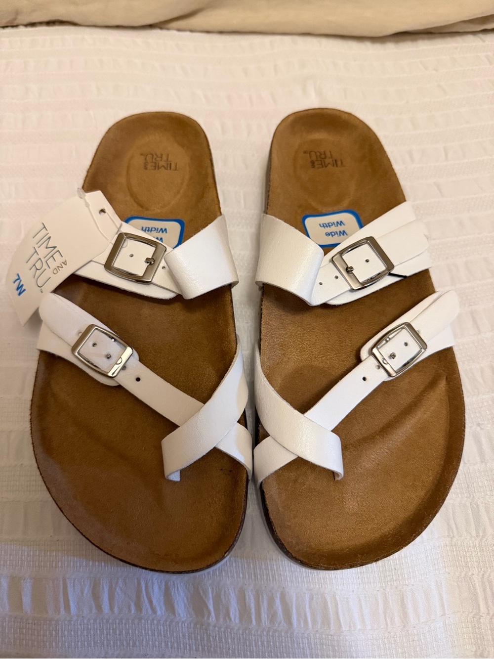 Time and Tru White Double Buckle Slide Sandals